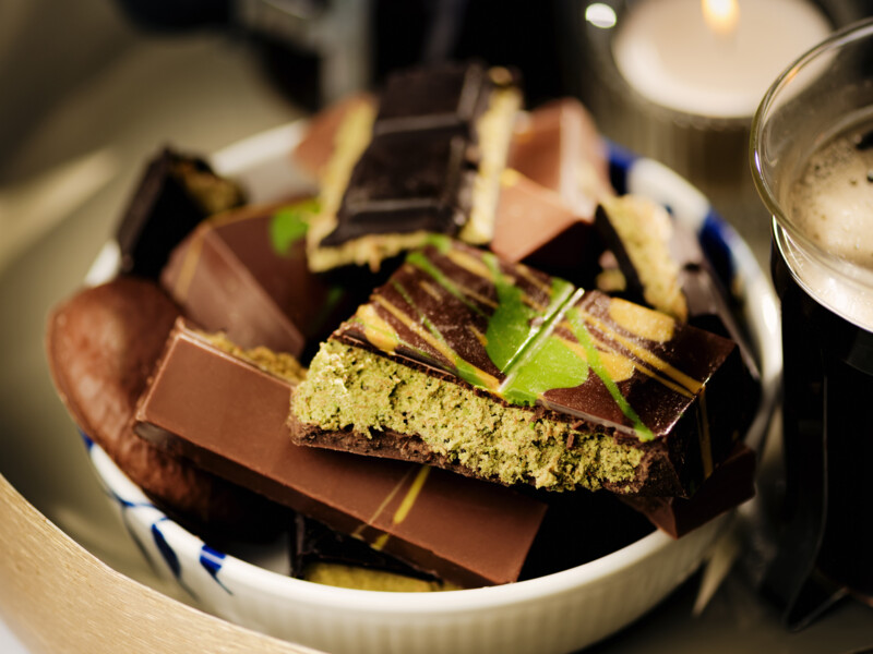 Viral Dubai chocolate with pistachio cream filling in a white serving bowl