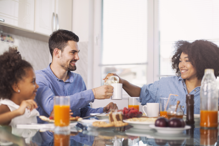 breakfast, milk, coffee, juice, happy family